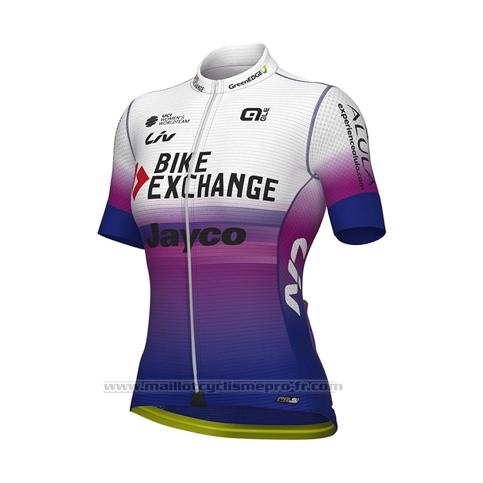 2022 Maillot Cyclisme Femme Bike Exchange Bleu Violet Manches Courtes et Cuissard